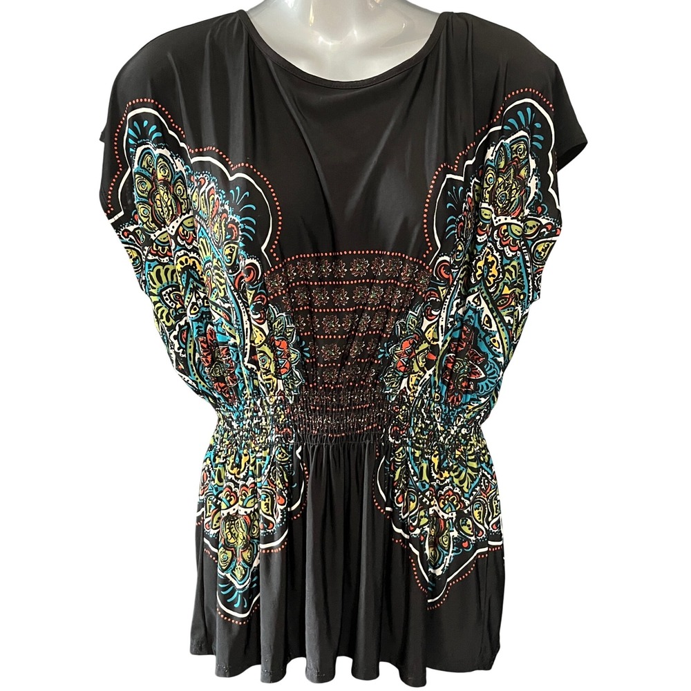 Black Paisley Print Smocked Waist Top Short Sleeve Blouse Size Small